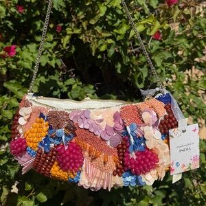 NWT Made in India Multicolor Beaded Embellished Half Moon Crescent Bag Brand New